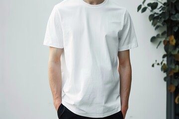 Person wearing a plain white t-shirt, ideal for branding with copy space.
