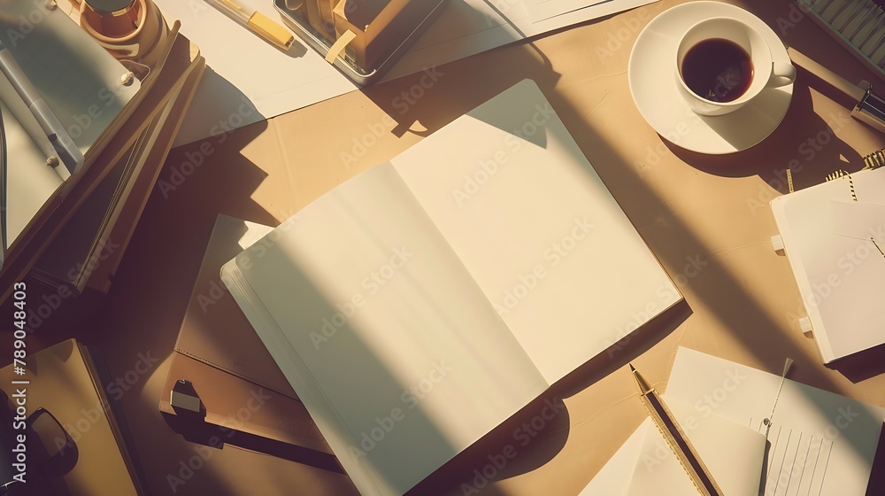 Aufkleber Creative flat lay photo of workspace desk with stationery coffee and blank notebook with copy space background minimal styled : Generative AI