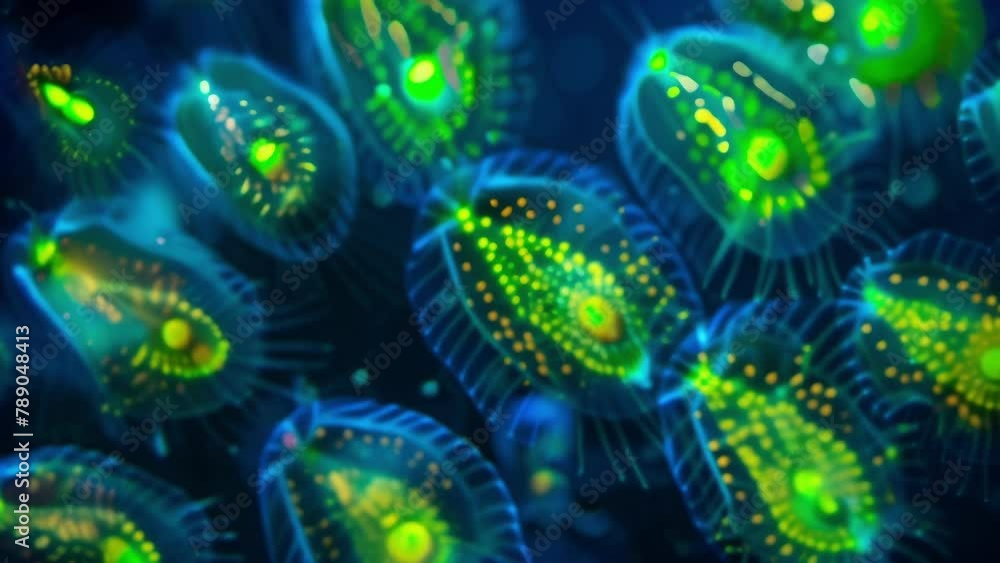 Poster a microscopic view of a group of dinoflagellates a type of plankton that produces bioluminescence. t
