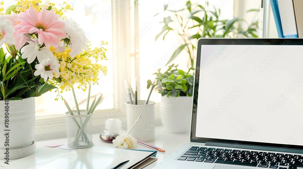 Poster closeup view of white table with supplies flower poster frame laptop blank screen and copy space hom