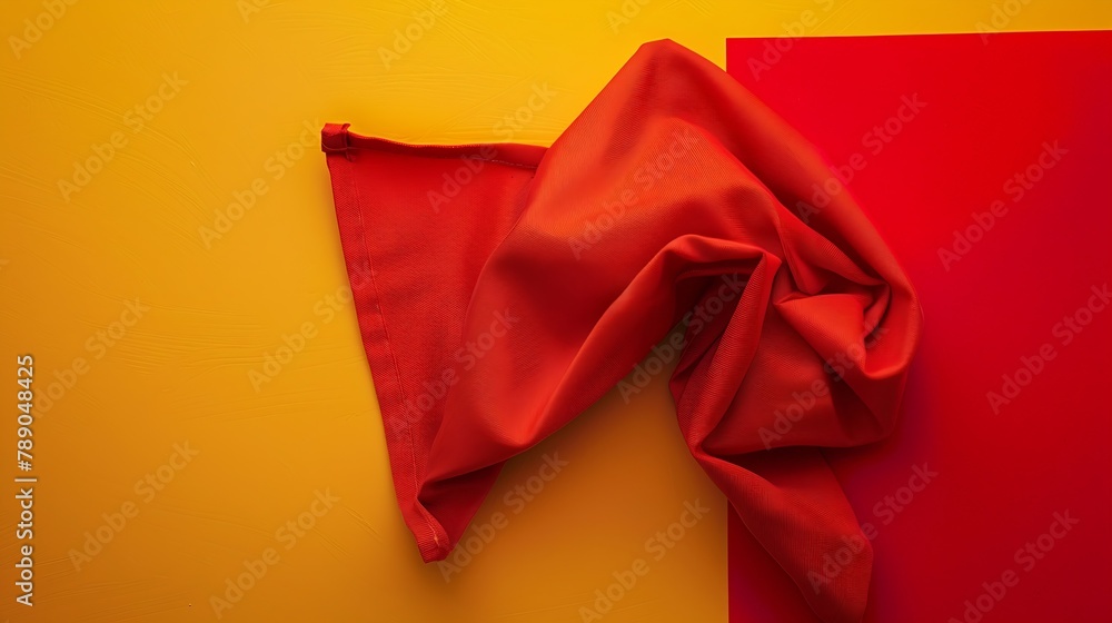 Poster top view with red empty kitchen napkin isolated on table background Folded cloth for mockup with copy space Flat lay Minimal style : Generative AI
