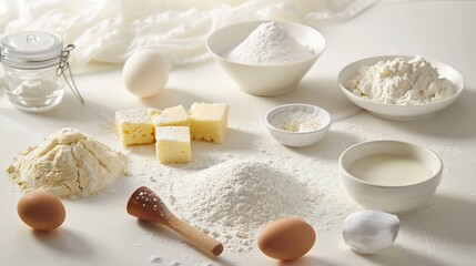 Fototapeta na wymiar Baking ingredients for pastry on the white table : Generative AI