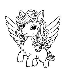 Happy Unicorn Coloring Page, Beautiful Cartoon Fairytale Cute Baby Unicorn,  Magic Pony, Unicorn Outline Illustration 