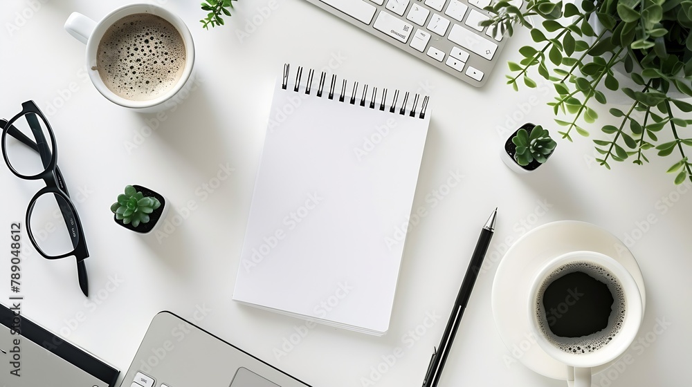 Leinwandbilder styled stock photography white office desk table with blank notebook computer supplies and coffee cu