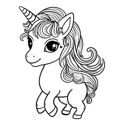 Happy Unicorn Coloring Page, Beautiful Cartoon Fairytale Cute Baby Unicorn,  Magic Pony, Unicorn Outline Illustration 