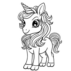 Happy Unicorn Coloring Page, Beautiful Cartoon Fairytale Cute Baby Unicorn,  Magic Pony, Unicorn Outline Illustration 