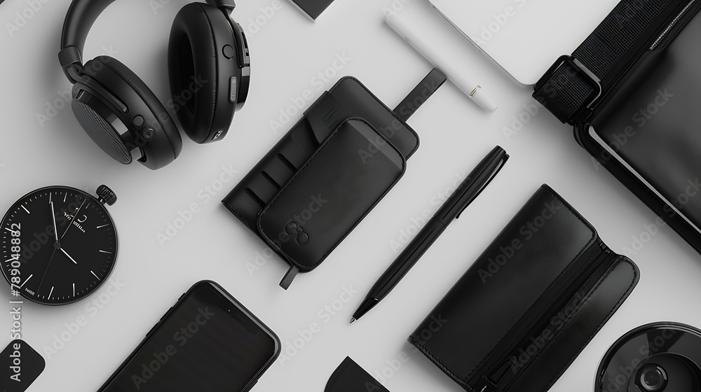 Poster man items in all black on a white background shot from above with cell phone pens wallet watch noteb
