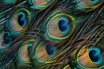 Vibrant Peacock Feathers Close-Up with Intricate Patterns and Vivid Colors