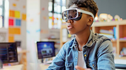 African American boy uses VR glasses while participating in interactive learning. Simulation science, futuristic gadget, virtual reality