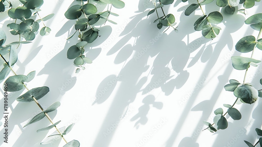 Poster green eucalyptus leaves and shadows on a white background flat lay top view copy spacefloral card : 