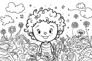 Coloring page, flat vector illustration, cartoon kid, big size, black drawing on white background