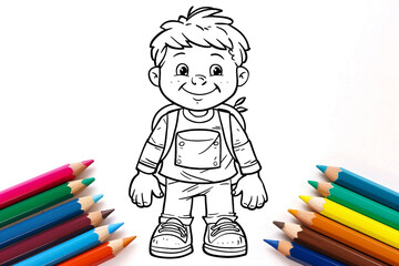 Coloring page, flat vector illustration, cartoon kid, big size, black drawing on white background