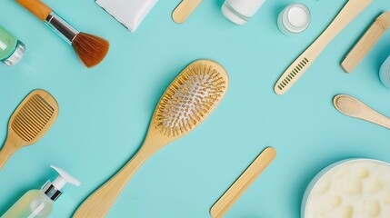 Flat lay composition with wooden hairbrush comb and cosmetic products on turquoise background : Generative AI