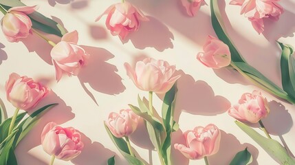 Peony tulips flower spring holiday flowery pastel colored pattern minimal style flowery flat lay...