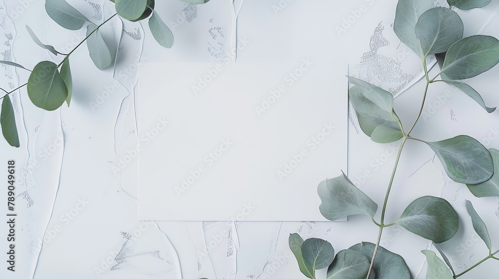 Aufkleber Feminine wedding desktop mockup with blank paper card and Eucalyptus populus branch on  white shabby table background Empty space Styled stock photo web banner Flat lay top view : Generative AI