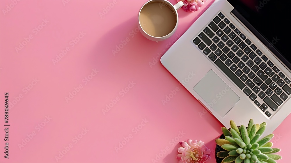 Poster Working with Laptop computerHot coffee and cactus copy space on pink table backgroundTop viewFlat laystyle Minmal workspacebusiness Concept : Generative AI