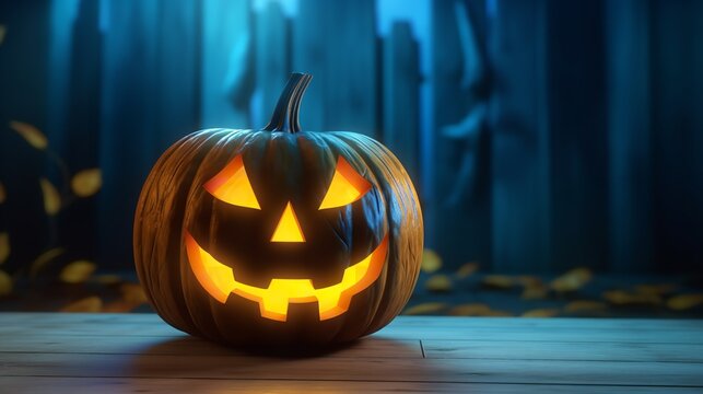 Glowing Pumpkin with a Smile on a Wooden Deck