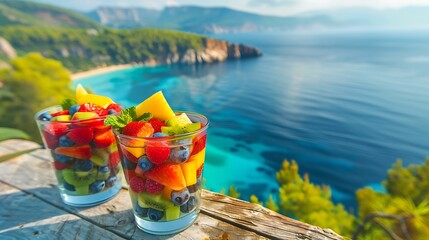 Two cups of fruit salad on wooden table with blue sea in the background