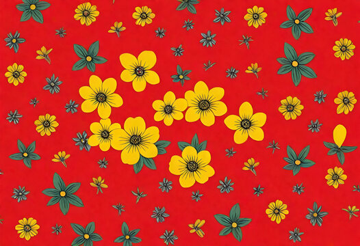 Bright Yellow Flowers Illuminating Intense Red Background.