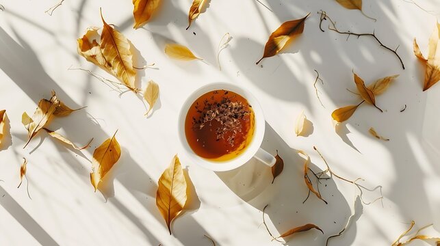 Flat lay composition with fresh brewed tea and dry leaves on light table : Generative AI
