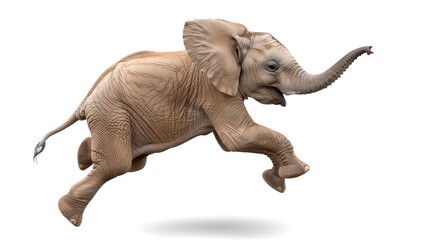 Baby Elephant in Mid-Stride with Joyful Expression. Isolated on White, Ideal for Comical or Nature Themes. Captured in Motion, Ears Flapping. Photo Stock Image. AI