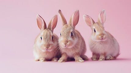 Obraz premium Two happy cute bunny rabbit on sweet pink background portrait of fluffy lovely and cute young bunny pet animal