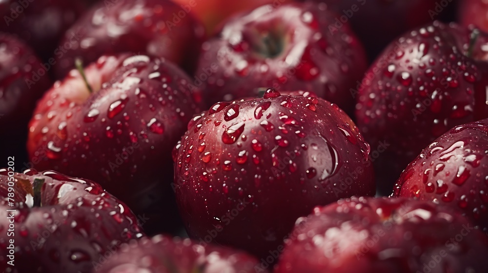 Poster many red ripe apples closeup with water drops : generative ai