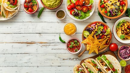 A top down shot captures a delightful spread of Mexican cuisine against a crisp white wooden backdrop featuring an array of dishes like tacos burritos nachos enchiladas tortilla soup and sa