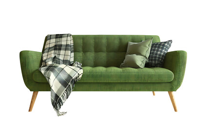 Green sofa on white background with a plaid and pillow  