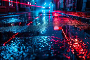 Dark street, reflection of neon light on wet asphalt. Rays of light and red laser light in the dark. Night view of the street, the city. Abstract dark blue background