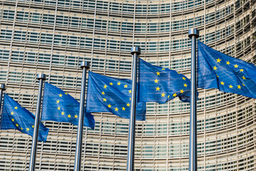 Fluttering European Union flags in a row in Brussels, Belgium. Close up