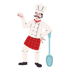Chef with pizza peel. Male character in doodle style.