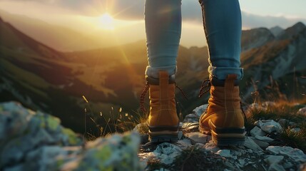 Hiking boot Closeup of female legs in hiking boots on a hiking trail on top of a mountain outdoors Travel vacation concept : Generative AI - obrazy, fototapety, plakaty