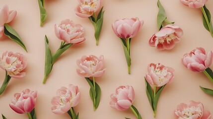 Obraz na płótnie Canvas Peony tulips flower spring holiday flowery pastel colored pattern minimal style flowery flat lay floral still life banner with pink blooming flowers on beige colored nature decor backg : Generative AI