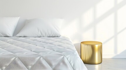 Fototapeta na wymiar Closeup on gray quilted bed with round golden bedside table in white wall bedroom : Generative AI