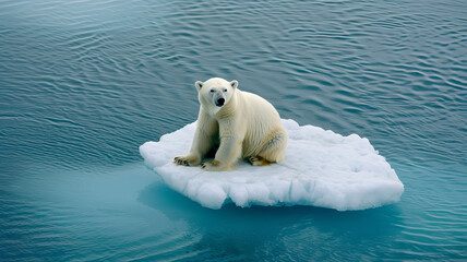 Lonely Polar Bear Sitting on Small Ice Floe in Blue Arctic Waters, aerial top view. Global warming, change climate concept.