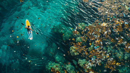 Aerial top view Paddler Navigating through Ocean Plastics. Concept pollution garbage clear water Asia.