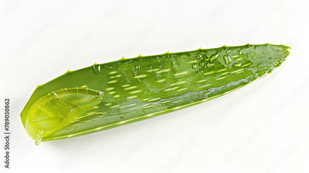 Poster green fresh aloe vera leaf with aloevera slice isolated on white background top view flat lay : gene