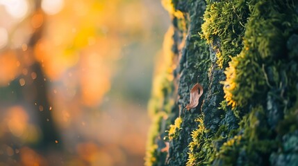 autumn background Old overgrown mossy tree trunk close up abstract natural backdrop beautiful forest landscape fall season display for product template for design banner copy space : Generative AI - Powered by Adobe