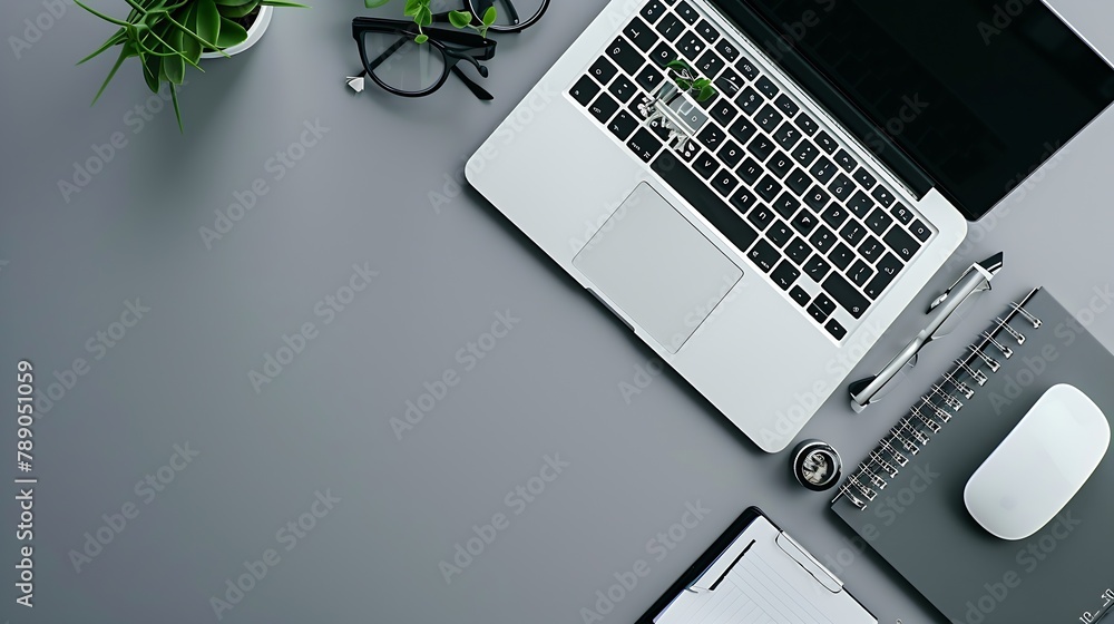 Poster overhead shot of laptop and business accessories on gray background office desktop flat lay : genera
