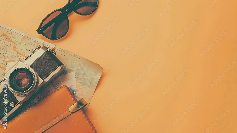 Poster top view travel concept with retro camera films map and passport on light orange background with cop