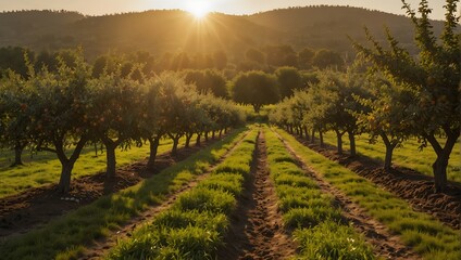A panoramic view of an orchard with rows of fruit trees, bathed in golden sunrise light Generative AI