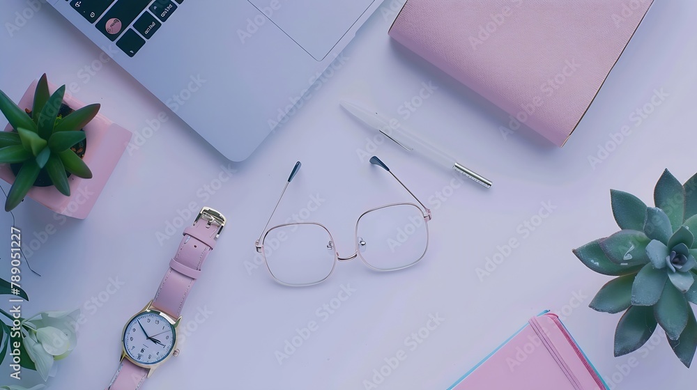 Poster Flat lay top view office table desk frame feminine desk workspace with laptop diary succulent glasses watch on white background : Generative AI