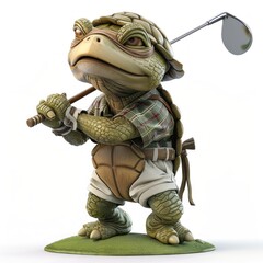 A turtle is holding a golf club and wearing a plaid shirt