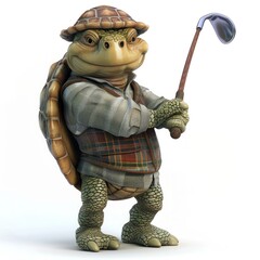 A turtle wearing a hat and a vest holding a golf club