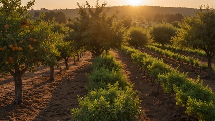 Fototapeta na wymiar A panoramic view of an orchard with rows of fruit trees, bathed in golden sunrise light Generative AI