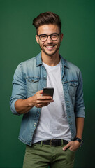 Trendy and cool young man smiling and holding his smartphone on a clean background