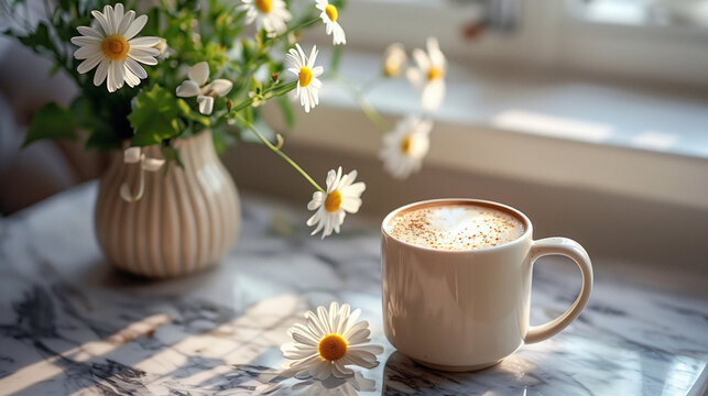 A white coffee cup with a flower on top of it sits on a marble counter
