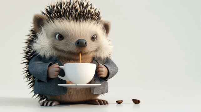 A cute hedgehog is holding a white coffee cup and drinking from it