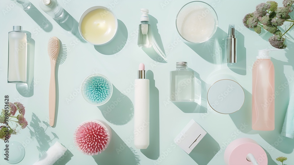 Wall mural cosmetic spa and personal hygiene mock up template for branding identity design view from above flat